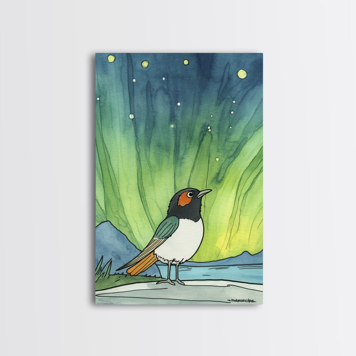 Robin Bird Beneath Green Northern Lights Canvas Print, Aurora Wall Art, Celestial Decor, Nature Wall Decor, Whimsical Art