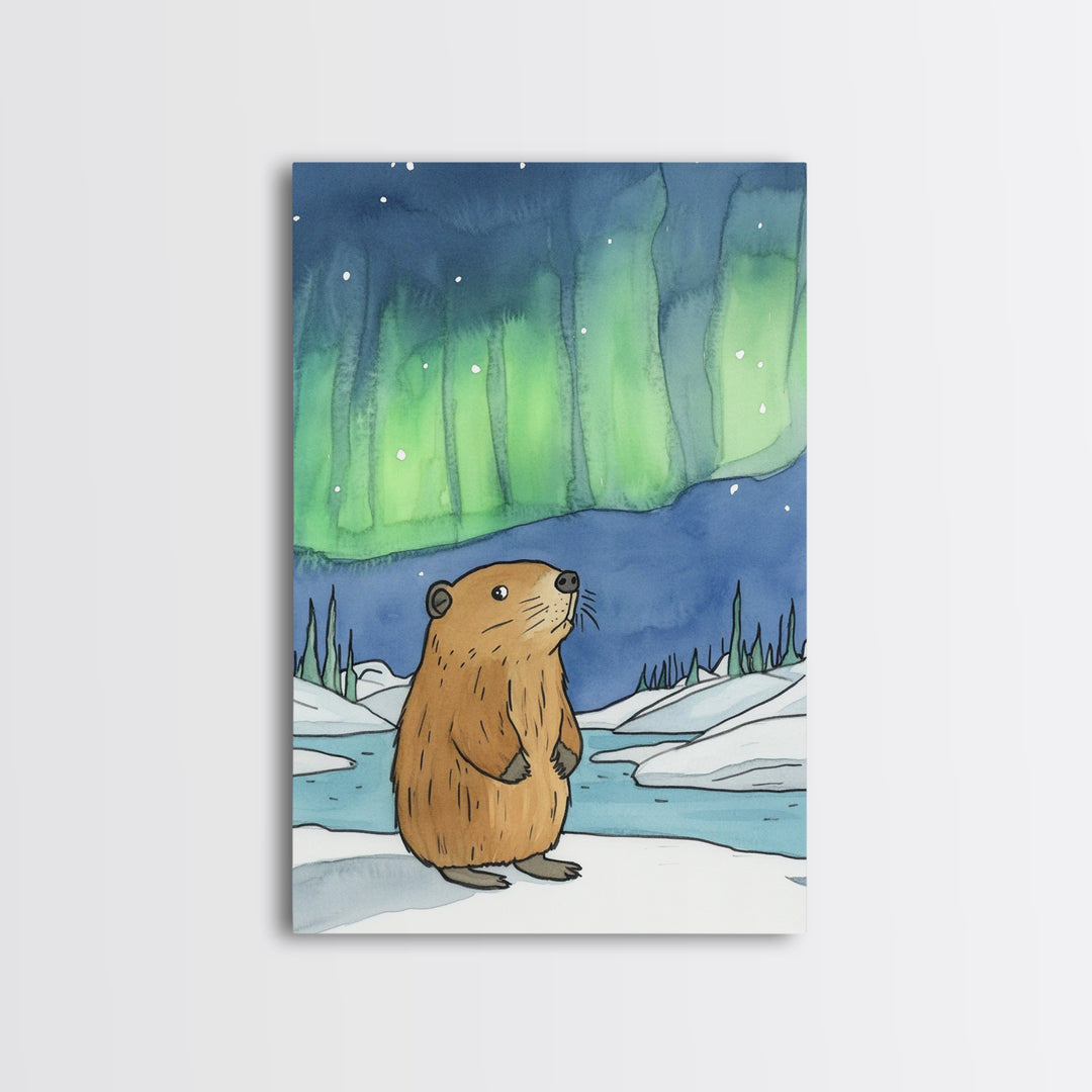 Whimsical Beaver Aurora Wall Art, Northern Lights Animal Print, Winter Nursery Decor, Woodland Animal Gift, Cozy Kids Room Decor