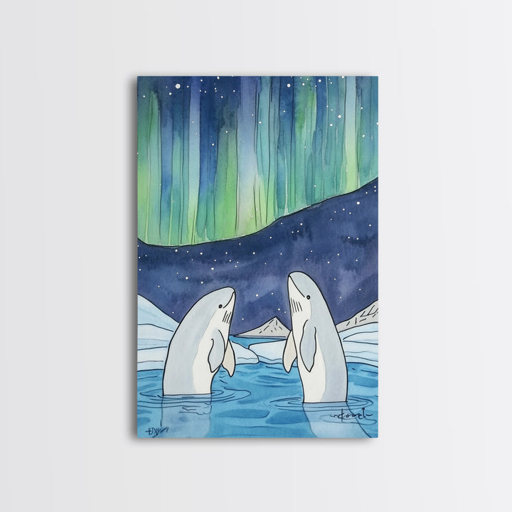 Northern Lights Beluga Whales Canvas Print, Aurora Borealis Ocean Wall Art, Arctic Nursery Decor, Coastal Wall Decor, Gift For Her