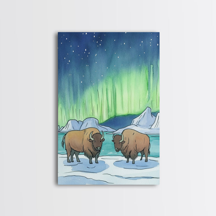 Aurora Bison In Snow Framed Canvas Print, Northern Lights Wall Art, Rustic Wildlife Art, Winter Nature Decor, Cabin Decor