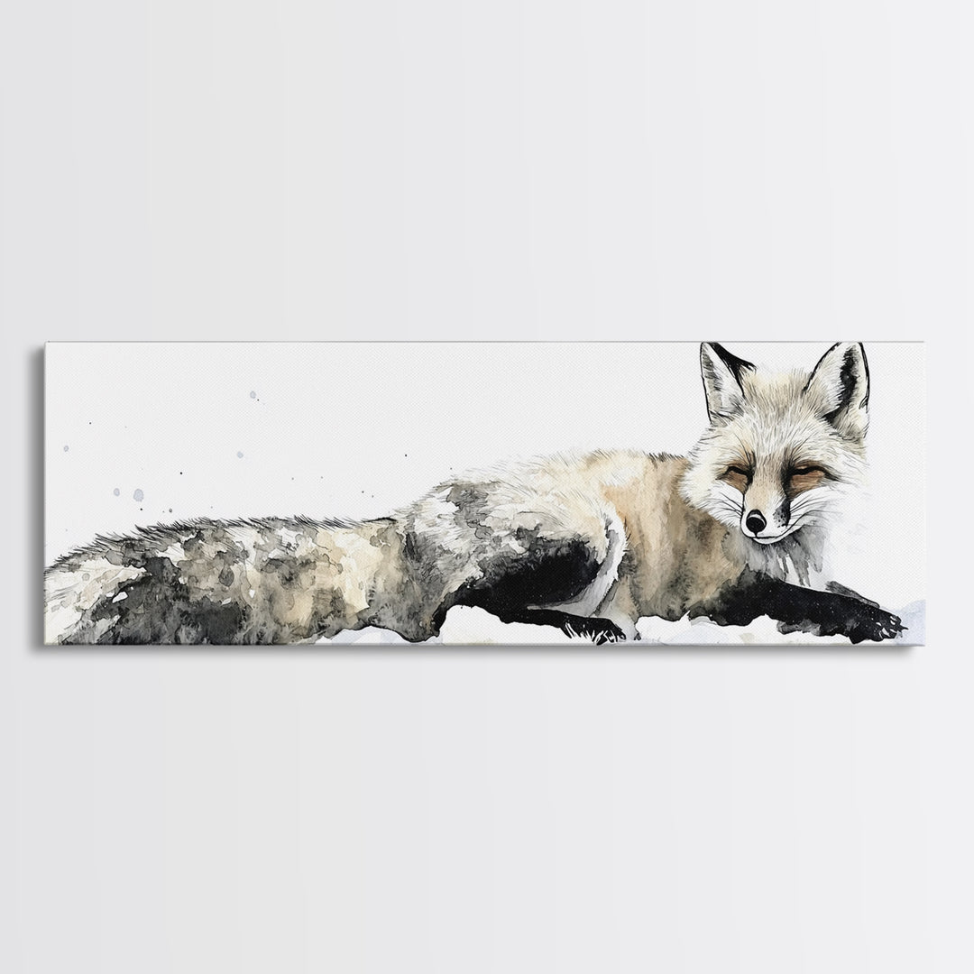 Resting Arctic Fox In Snow Canvas Print, Winter Wildlife Wall Art, Neutral Woodland Decor, Minimalist Animal Art, Bedroom Decor Gift
