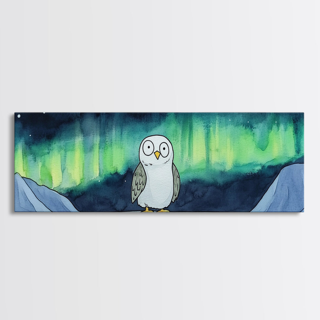 Northern Lights Owl Wall Art, Aurora Borealis Canvas Print, Whimsical Arctic Animal Decor, Kids Room Nursery Art Gift For Kids