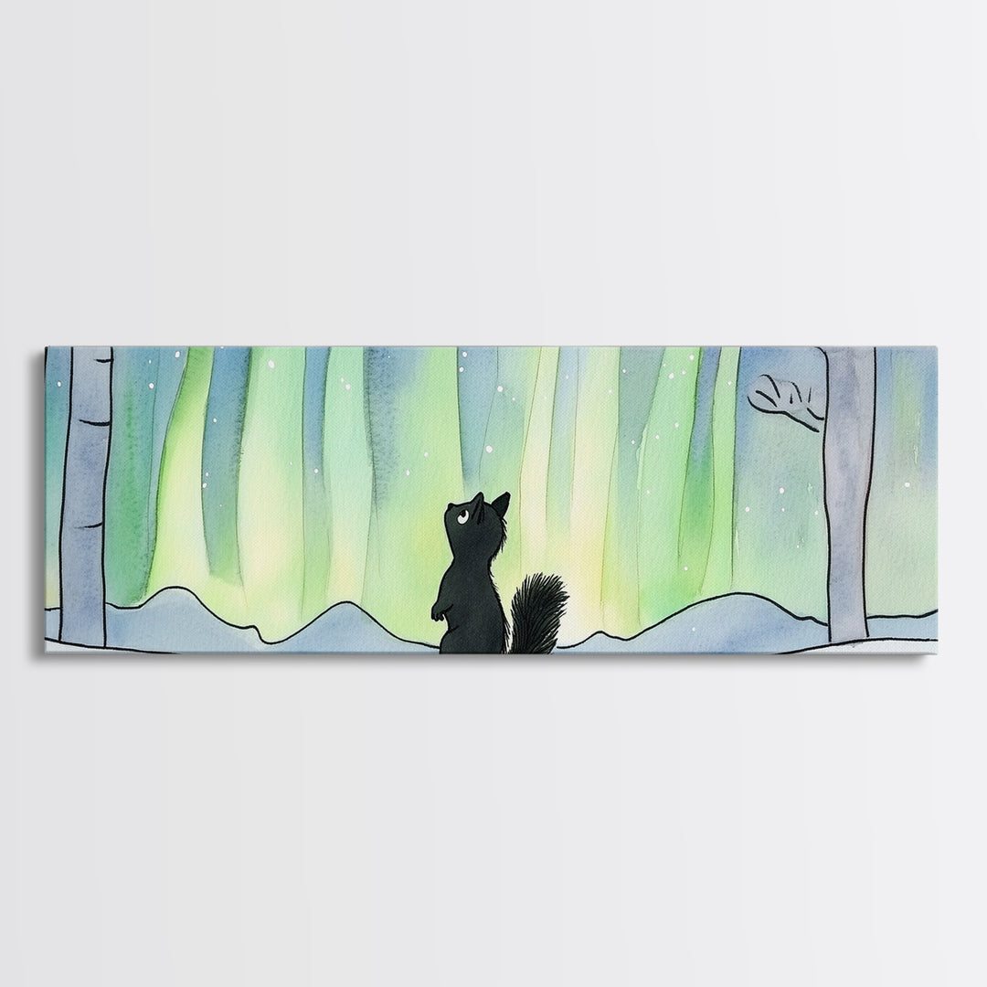 Black Squirrel Under Aurora Forest Wall Art, Winter Woodland Animal Print, Cute Nursery Decor, Northern Lights Wall Decor