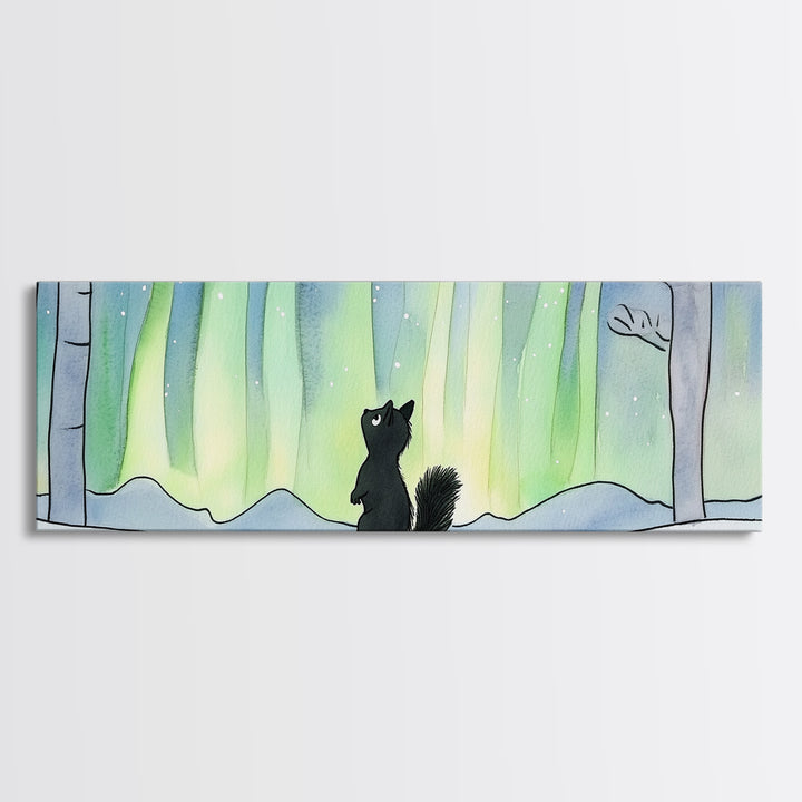 Black Squirrel Under Aurora Forest Wall Art, Winter Woodland Animal Print, Cute Nursery Decor, Northern Lights Wall Decor