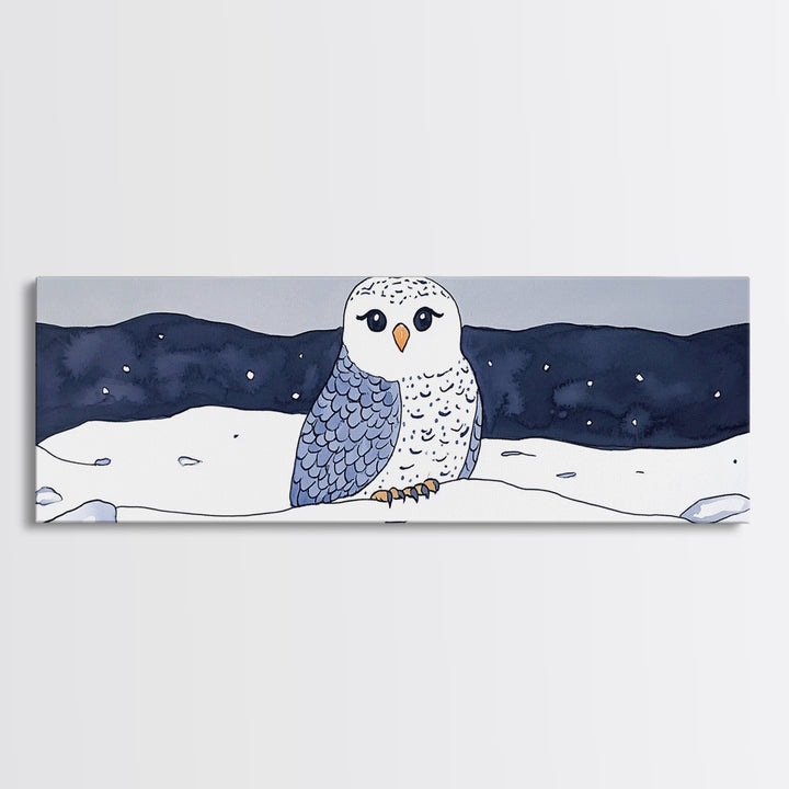 Cute Snowy Owl In Winter Snow Canvas Print, Arctic Bird Wall Art, Nursery Animal Decor, Blue Night Landscape Art Print Gift