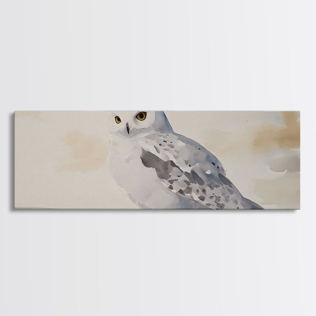 Snowy Owl In Soft Beige Sky Framed Canvas Print, Arctic Bird Wall Art, Neutral Wildlife Decor, Minimalist Nature Print Gift