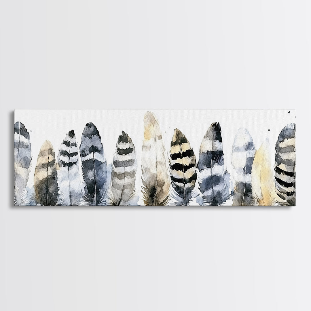 Watercolor Feather Collection Wall Art, Boho Bird Feather Canvas Print, Neutral Nature Decor, Rustic Gallery Wall Print Set