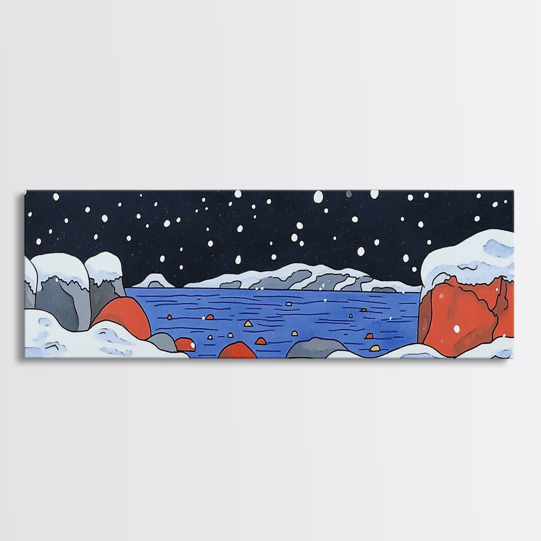 Snowy Arctic Cove With Red Rocks Wall Art, Winter Seascape Canvas Print, Coastal Landscape Decor, Ocean Art Print Home Decor