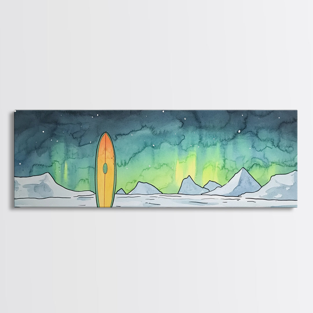 Aurora Surfboard Arctic Mountains Wall Art, Panoramic Canvas Print, Coastal Cabin Decor, Winter Landscape Gift For Beach House