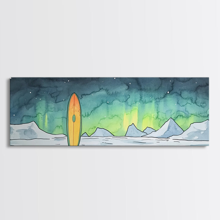 Aurora Surfboard Arctic Mountains Wall Art, Panoramic Canvas Print, Coastal Cabin Decor, Winter Landscape Gift For Beach House