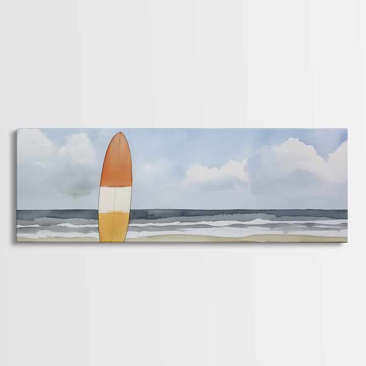 Orange Surfboard On Misty Beach Wall Art, Framed Canvas Print, Coastal Wall Decor, Surf Poster For Beach House Decor Living Room Art