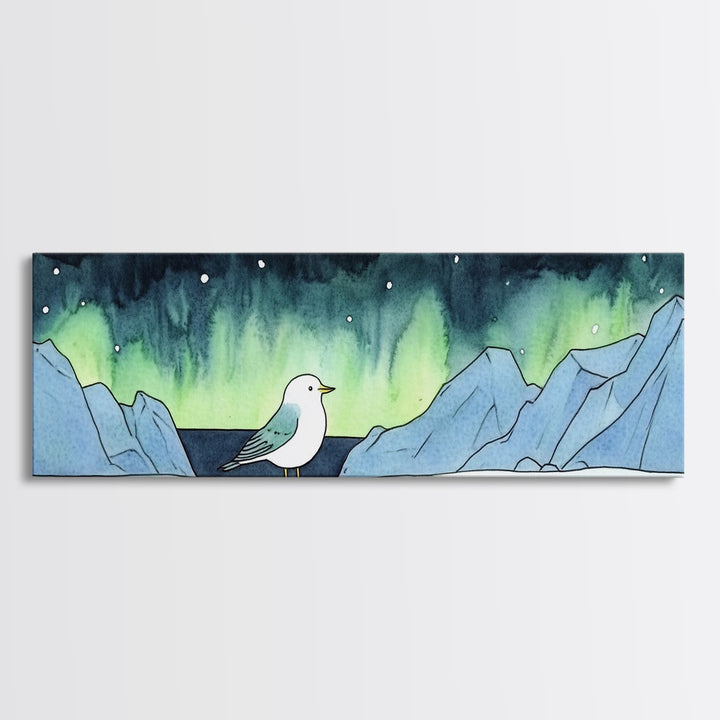 Seagull Under Aurora Mountains Wall Art, Panoramic Canvas Print, Coastal Bird Art, Nautical Nursery Decor, Ocean Gift For Her