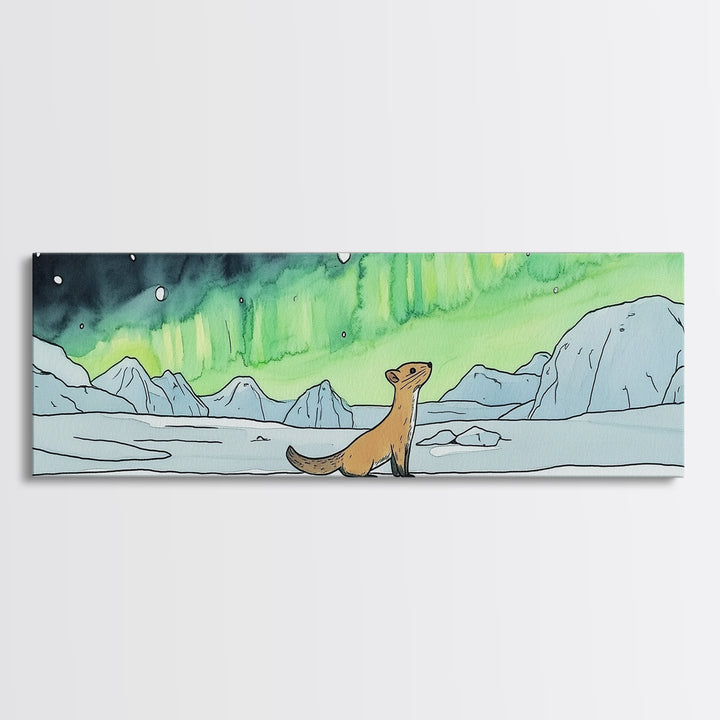 Playful Arctic Weasel Under Aurora Wall Art, Framed Canvas Print, Wildlife Wall Decor, Whimsical Nursery Art Gift For Kids Room