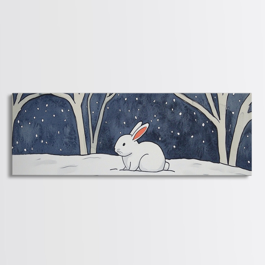 White Rabbit In Snowy Forest Wall Art, Framed Canvas Print, Woodland Nursery Decor, Whimsical Animal Art For Kids Room Gift