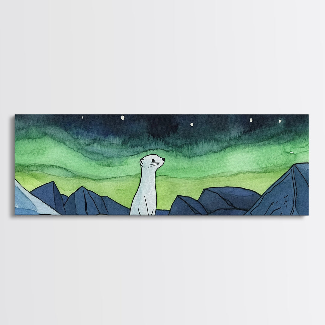 White Arctic Ermine Aurora Mountains Wall Art, Panoramic Canvas Print, Wildlife Wall Decor, Winter Nursery Art For Kids Room