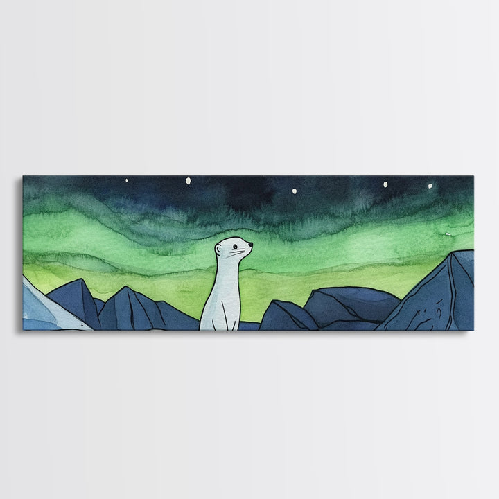 White Arctic Ermine Aurora Mountains Wall Art, Panoramic Canvas Print, Wildlife Wall Decor, Winter Nursery Art For Kids Room