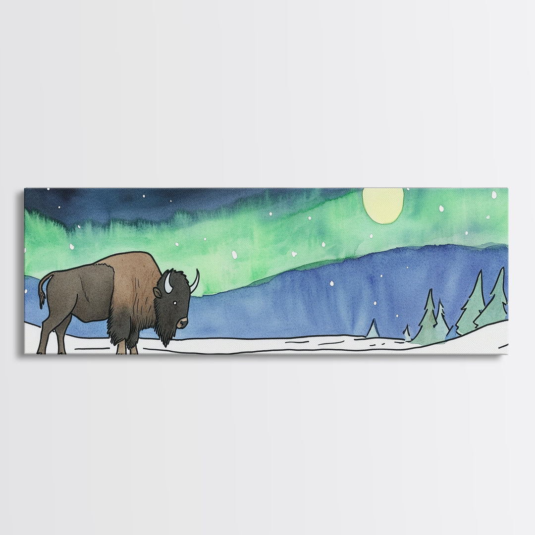 Snowy Bison Under Aurora Moon Wall Art, Wildlife Framed Canvas Print, Rustic Lodge Decor, Winter Landscape Art, Cabin Gift