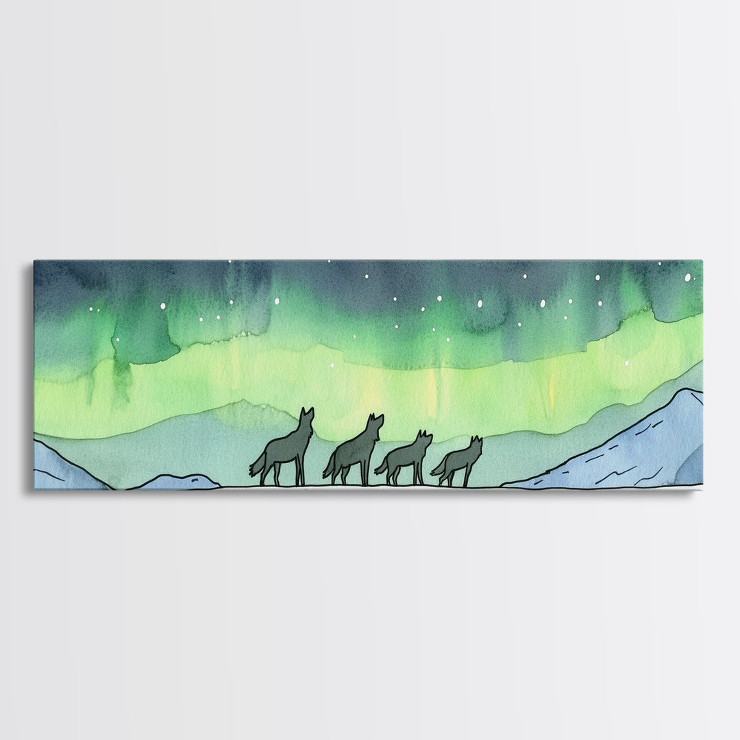 Howling Wolves Beneath Northern Lights Wall Art, Wildlife Canvas Print, Winter Mountain Decor, Aurora Landscape Print, Cabin Art