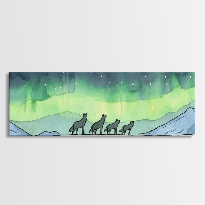 Howling Wolves Beneath Northern Lights Wall Art, Wildlife Canvas Print, Winter Mountain Decor, Aurora Landscape Print, Cabin Art
