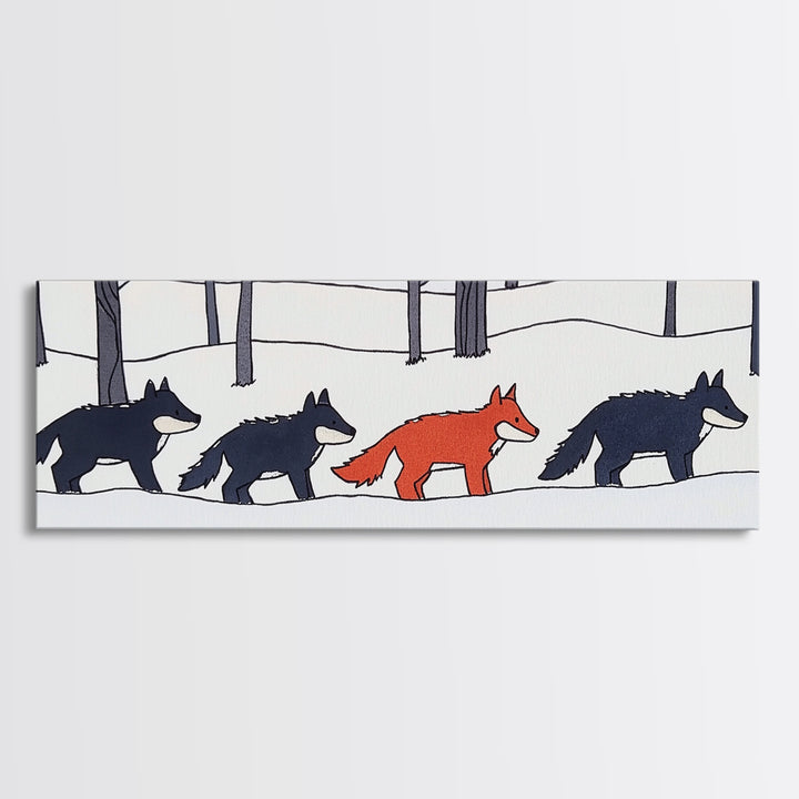 Red Fox Walking With Black Wolves Wall Art, Woodland Animal Canvas Print, Snowy Forest Nursery Decor, Whimsical Wildlife Art