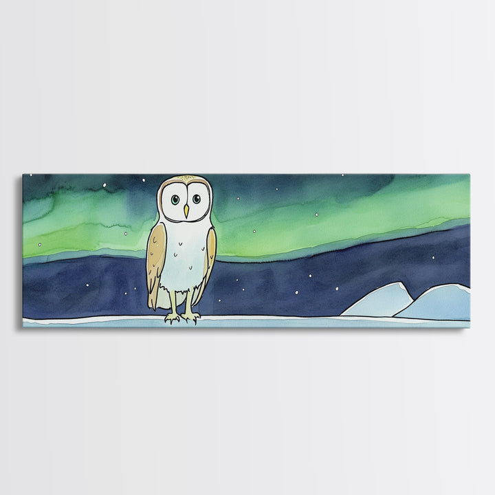 Whimsical Barn Owl Under Aurora Wall Art, Arctic Night Canvas Print, Nursery Decor, Celestial Kids Room Gift, Bedroom Decor