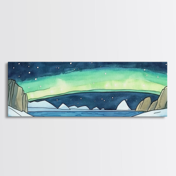 Arctic Aurora Over Icy Sea Wall Art, Northern Lights Landscape Canvas Print, Panoramic Coastal Decor, Statement Artwork Gift
