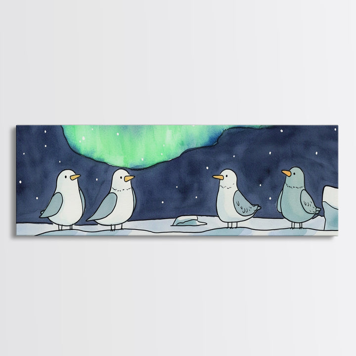 Penguins Under Northern Lights Canvas Print, Arctic Bird Wall Art, Winter Nursery Decor, Celestial Christmas Gift For Her