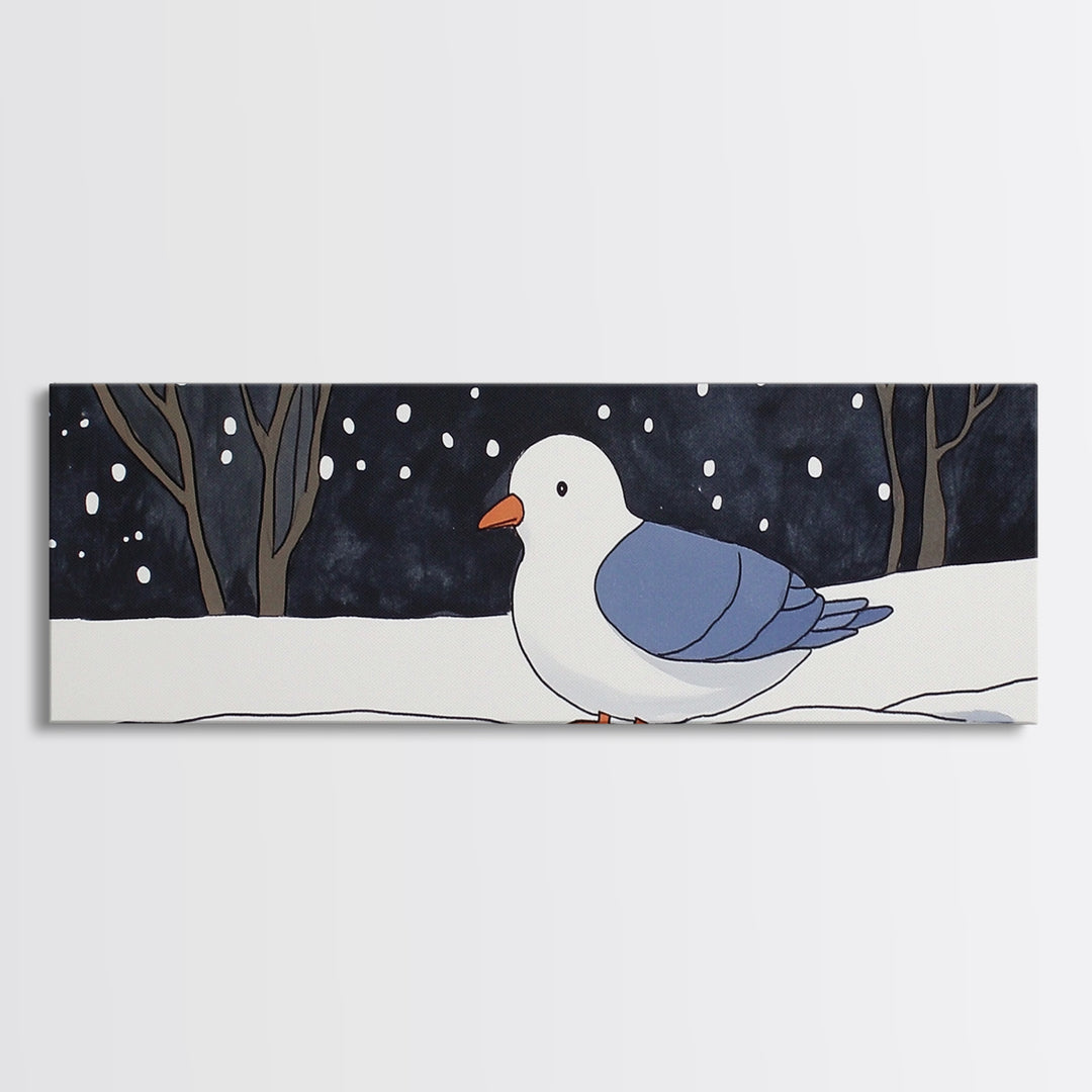 Snowy White Bird In Winter Forest Wall Art, Cozy Nursery Decor, Scandinavian Nature Print, Minimalist Bedroom Poster Gift