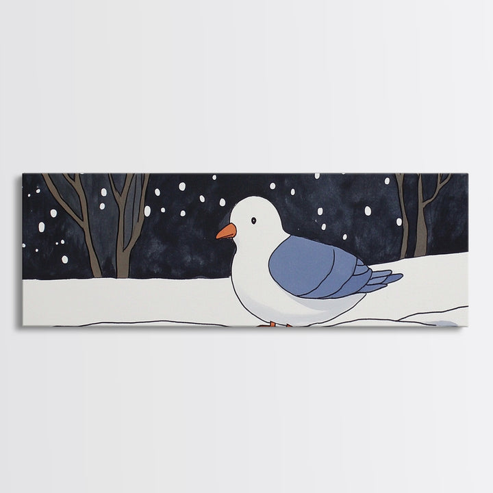 Snowy White Bird In Winter Forest Wall Art, Cozy Nursery Decor, Scandinavian Nature Print, Minimalist Bedroom Poster Gift
