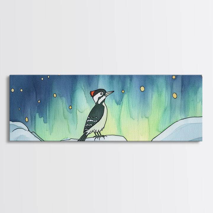 Aurora Woodpecker On Snowy Branch Canvas Print, Nordic Bird Wall Decor, Wildlife Art Print, Winter Nursery Decor Gift For Bird Lovers