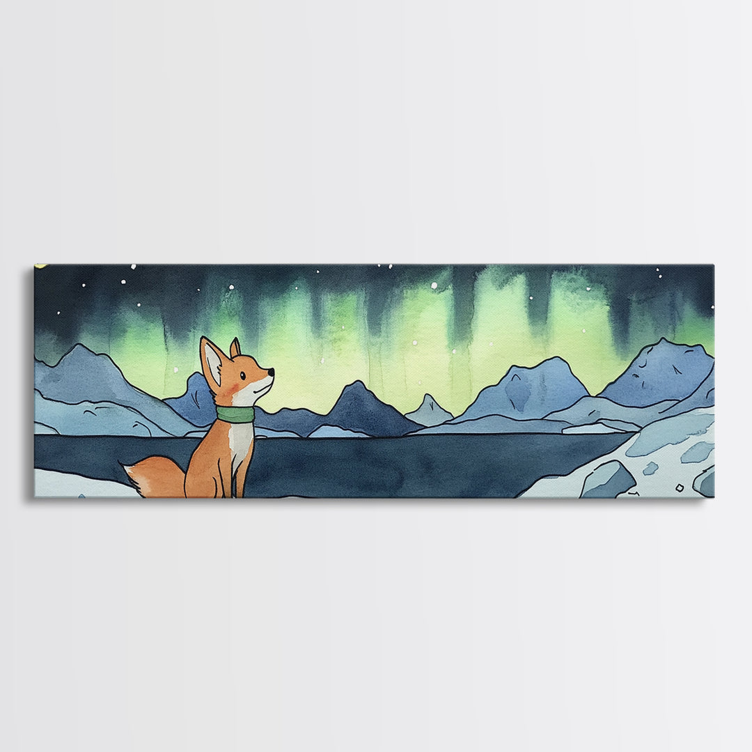 Fox Under Northern Lights By Mountain Lake Wall Art, Winter Landscape Print, Woodland Animal Decor, Cozy Cabin Gift For Nature Lovers