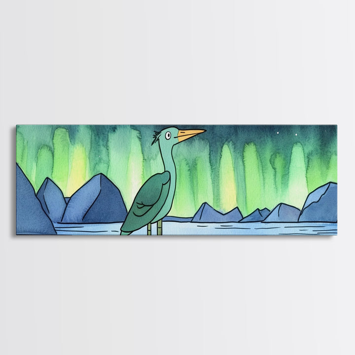 Green Heron Beneath Northern Lights Canvas Print, Arctic Lake Landscape Wall Decor, Japandi Bird Art, Modern Nursery Gift