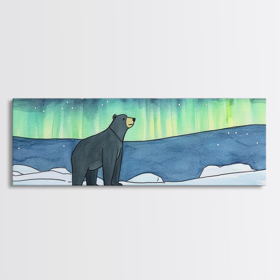 Polar Bear Under Northern Lights Wall Art, Arctic Wildlife Print, Winter Nursery Decor, Blue Green Landscape Gift For Cabin Decor