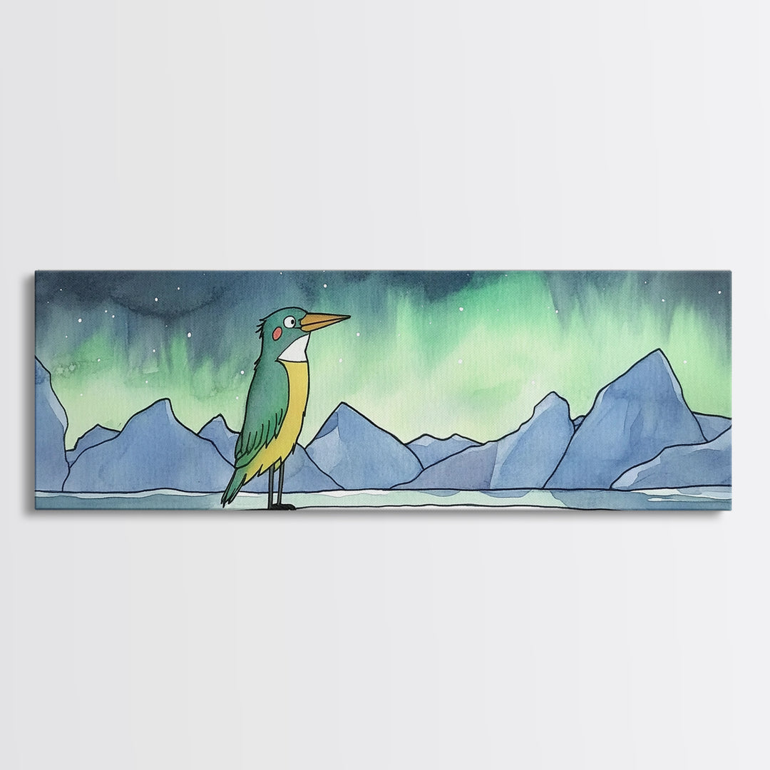 Green Kingfisher Under Northern Lights Wall Art, Arctic Bird Canvas Print, Wildlife Nursery Decor, Mountain Lake Art Print
