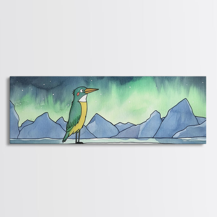 Green Kingfisher Under Northern Lights Wall Art, Arctic Bird Canvas Print, Wildlife Nursery Decor, Mountain Lake Art Print