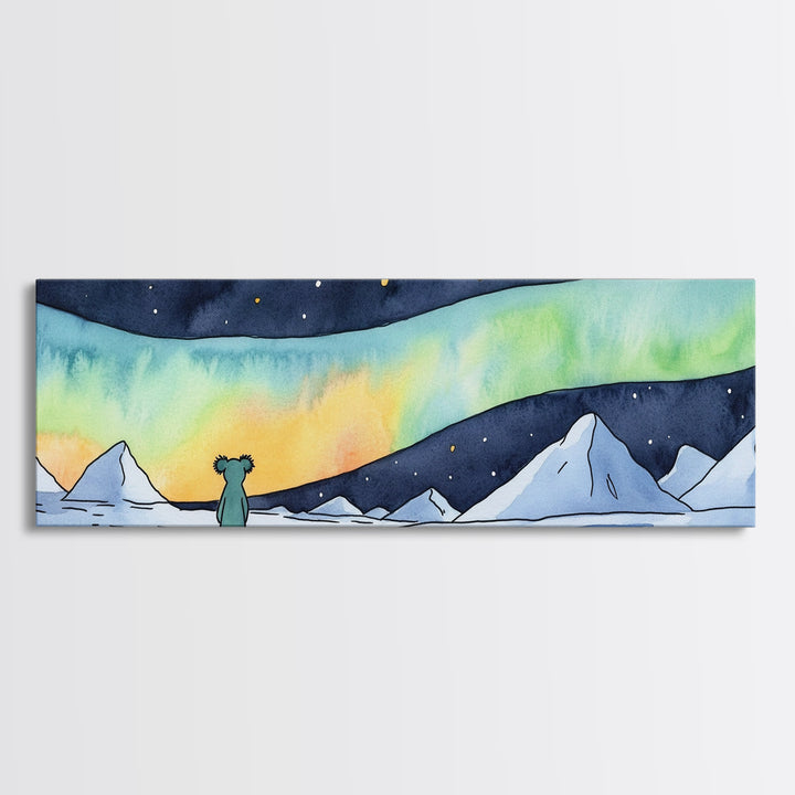 Tiny Bear Watching Aurora Canvas Print, Northern Lights Wall Art, Arctic Nursery Decor, Whimsical Winter Landscape Art Print