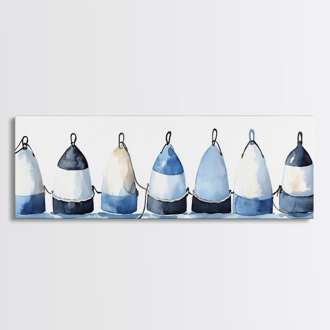 Blue And White Fishing Buoys Wall Art, Nautical Canvas Print, Coastal Bathroom Decor, Beach House Gallery Print, Ocean Wall Decor