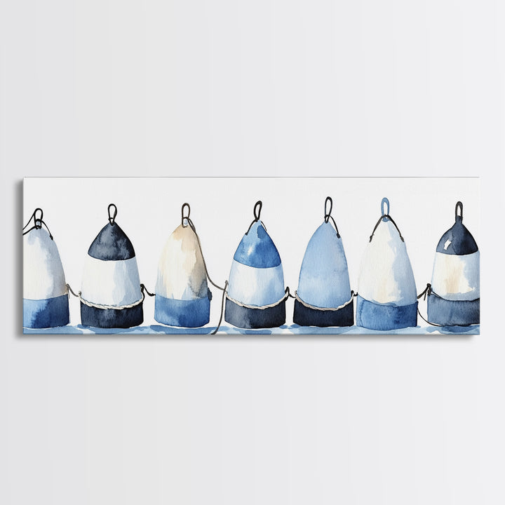 Blue And White Fishing Buoys Wall Art, Nautical Canvas Print, Coastal Bathroom Decor, Beach House Gallery Print, Ocean Wall Decor