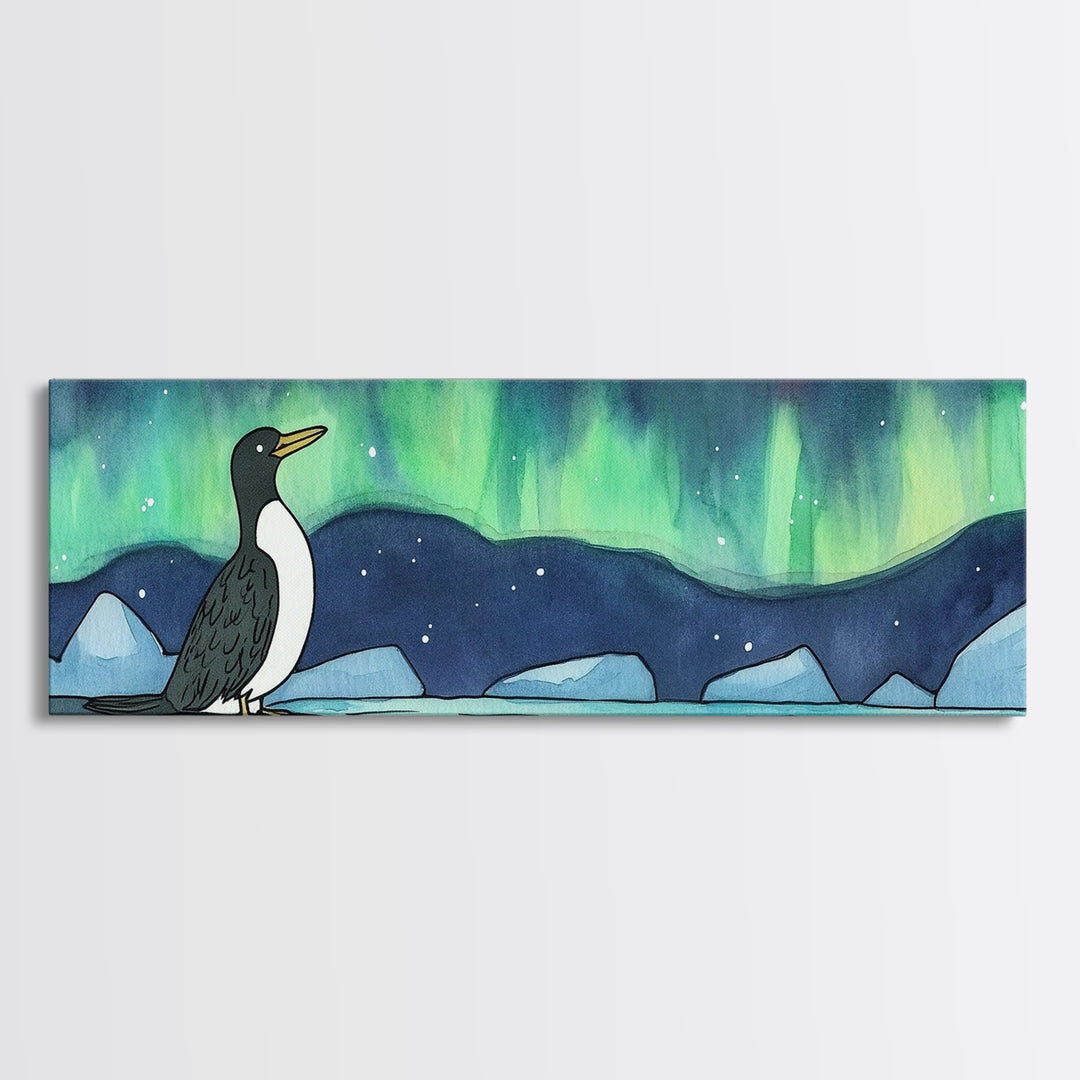 Penguin Under Northern Lights Wall Art, Arctic Bird Canvas Print, Whimsical Nursery Decor, Winter Ocean Landscape Art Print