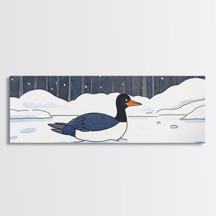 Black And White Duck In Snow Wall Art, Winter Bird Canvas Print, Minimalist Nursery Decor, Cozy Lake House Wildlife Art Print