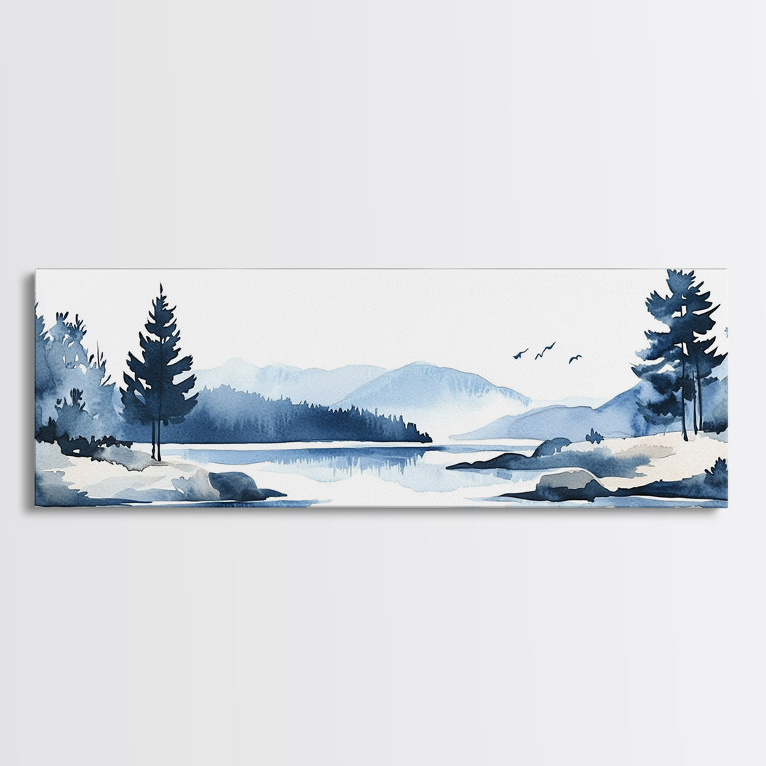 Blue Winter Lake And Pine Trees Wall Art, Watercolor Mountain Landscape Print, Coastal Cabin Decor, Serene Living Room Art