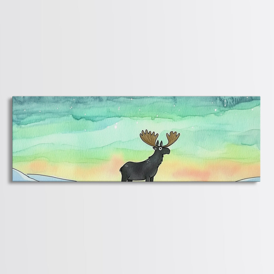 Moose Beneath Northern Lights Framed Canvas Print, Aurora Borealis Wall Art, Winter Wildlife Decor, Cabin Nursery Art Gift