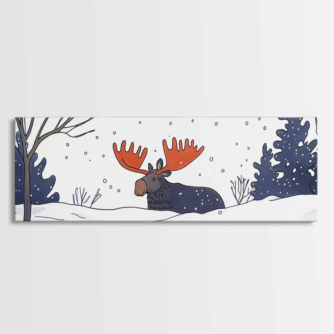 Whimsical Moose In Falling Snow Wall Art, Winter Animal Canvas Print, Cute Nursery Room Decor, Woodland Cabin Gift For Kids