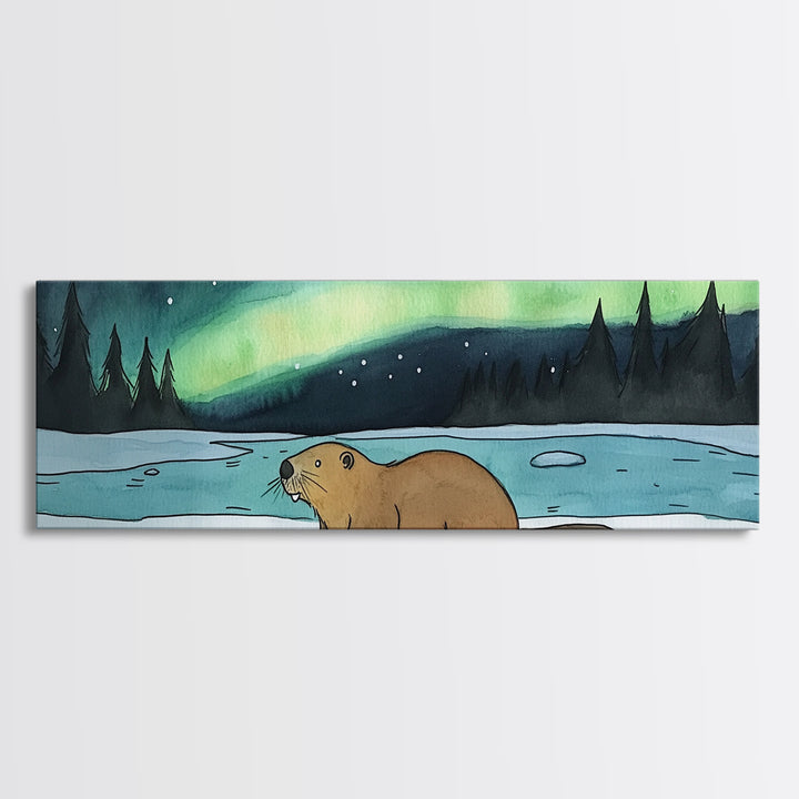 Beaver Beside Frozen Lake Wall Art, Northern Lights Canvas Print, Aurora Borealis Wildlife Decor, Kids Cabin Nursery Room Art