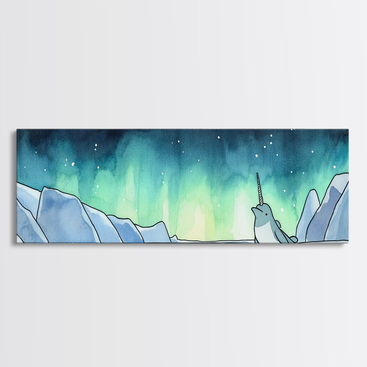 Narwhal In Icy Arctic Waters Wall Art, Northern Lights Ocean Print, Whimsical Nursery Decor, Coastal Kids Room Art Gift