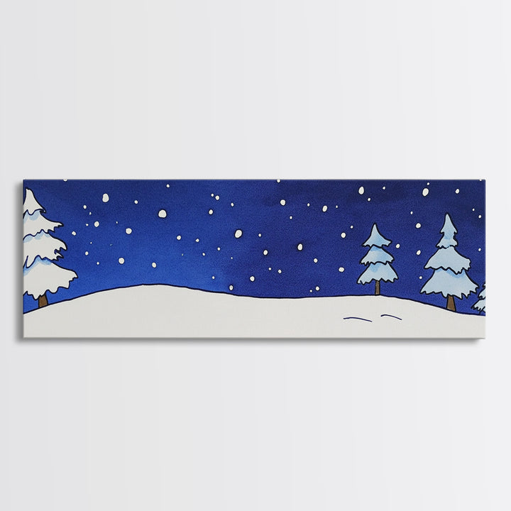 Snowy Pine Hill Under Starry Night Canvas Print, Minimal Winter Landscape, Nursery Wall Art, Cozy Bedroom Decor Gift Idea