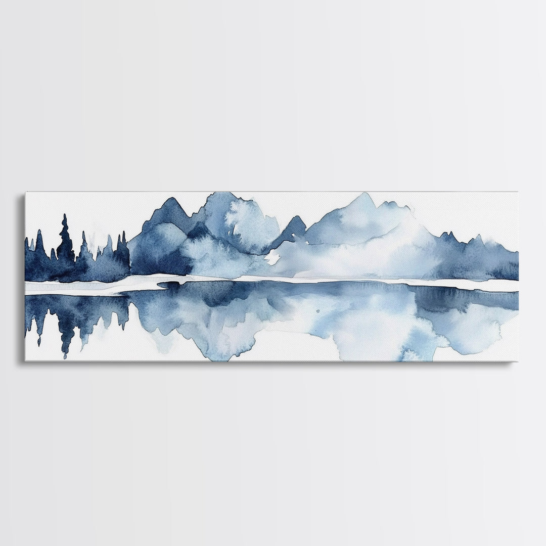 Blue Mountain Lake Reflection Canvas Print, Watercolor Landscape Wall Art, Modern Coastal Decor, Calm Living Room Art Print