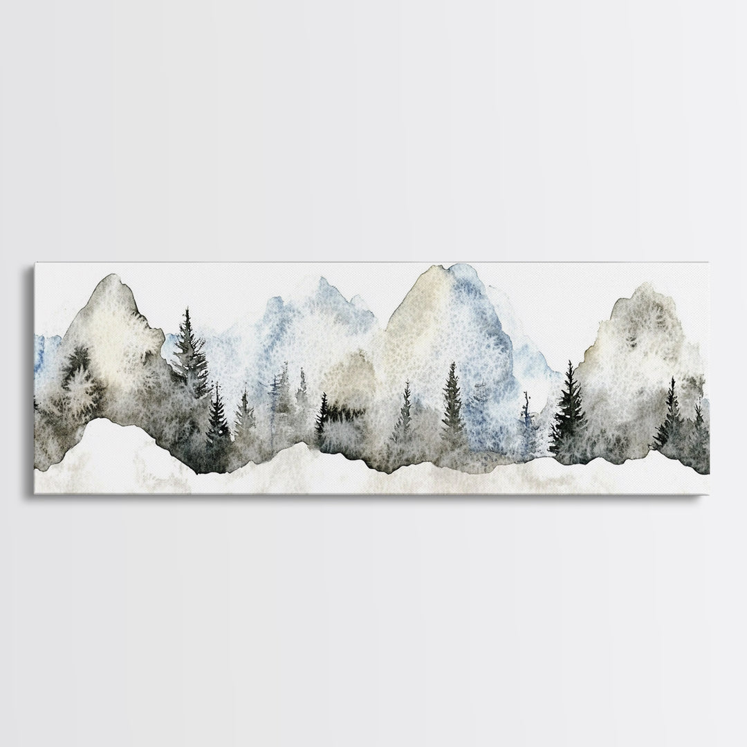 Misty Blue Mountains With Evergreen Pines Wall Art, Watercolor Landscape Print, Neutral Nature Decor, Japandi Bedroom Art