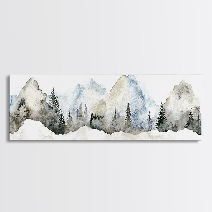 Misty Blue Mountains With Evergreen Pines Wall Art, Watercolor Landscape Print, Neutral Nature Decor, Japandi Bedroom Art