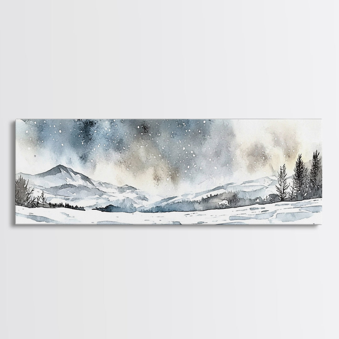 Snowy Mountain Valley Beneath Starry Sky Wall Art, Winter Landscape Painting, Rustic Nature Decor, Cabin Wall Decor Gift